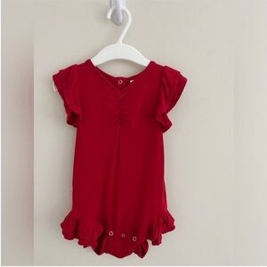 Kate Quinn, bamboo, sleeveless V-neck ruched double ruffle leg bodysuit, red